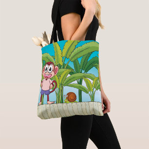 Monkey and Snail in Tropical Jungle Scene Tote Bag
