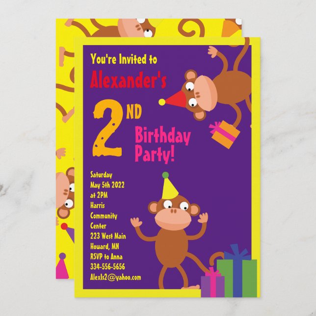 Monkey Animal Kid's Birthday Party Invitations (Front/Back)