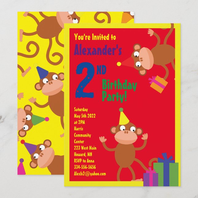 Monkey Animal Kid's Birthday Party Invitations (Front/Back)
