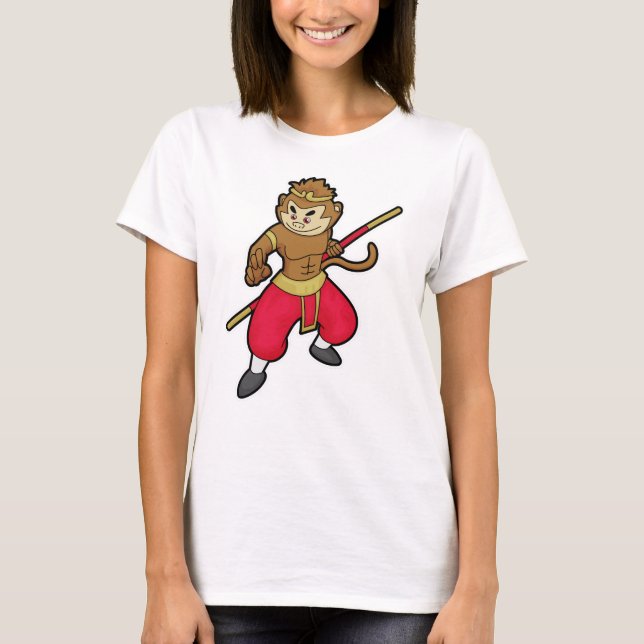 Monkey as Warrior with Staff & Headband T-Shirt (Front)