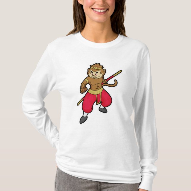 Monkey as Warrior with Staff & Headband T-Shirt (Front)