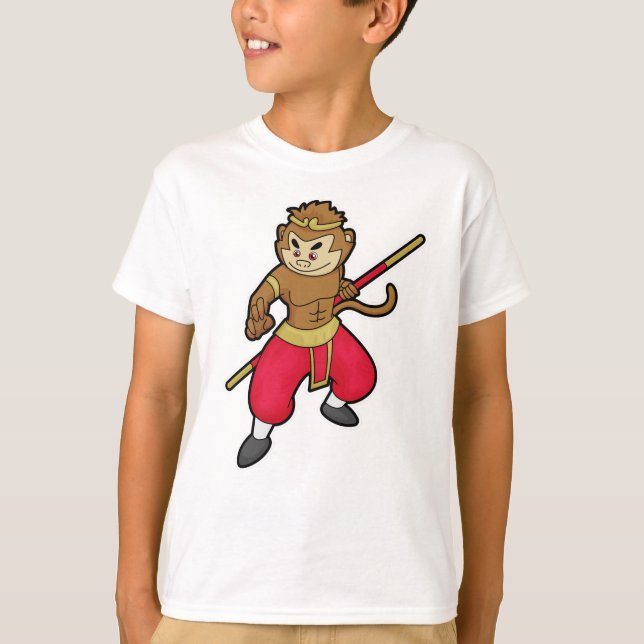 Monkey as Warrior with Staff & Headband T-Shirt (Front)