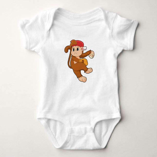 Monkey at Baseball with Baseball glove Baby Bodysuit (Front)