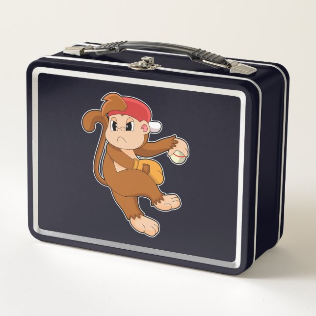 Monkey at Baseball with Baseball glove Metal Lunch Box (Front)