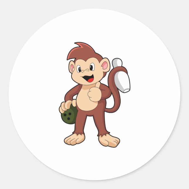 Monkey at Bowling with Bowling ball Classic Round Sticker (Front)