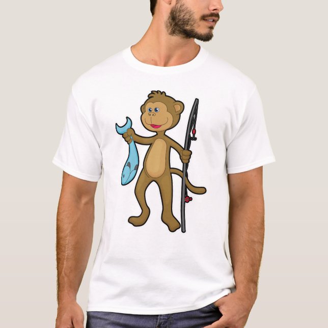 Monkey at Fishing with Fishing rod & Fish T-Shirt (Front)