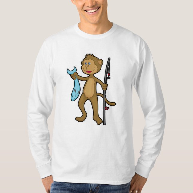 Monkey at Fishing with Fishing rod & Fish T-Shirt (Front)