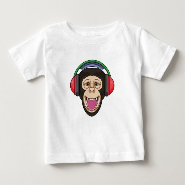Monkey at Music with Headphone Baby T-Shirt (Front)