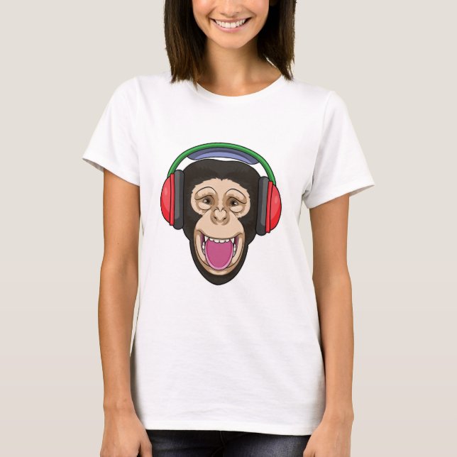 Monkey at Music with Headphone T-Shirt (Front)