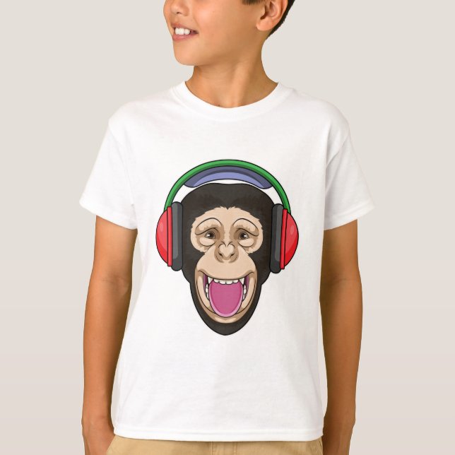 Monkey at Music with Headphone T-Shirt (Front)