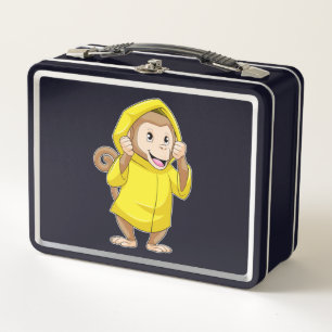 Monkey at Raining with Raincoat Metal Lunch Box