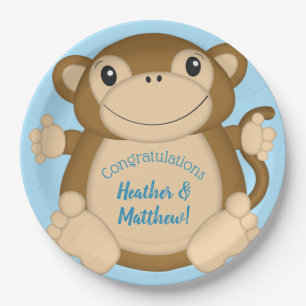 Monkey Baby Shower Blue Paper Plate
