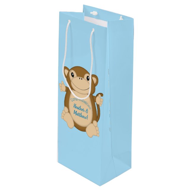 Monkey Baby Shower Blue Wine Gift Bag (Front Angled)