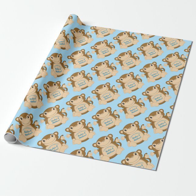 Monkey Baby Shower Blue Wrapping Paper (Unrolled)