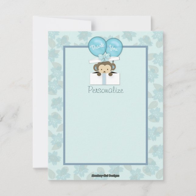 Monkey Baby Shower FLAT#2 Thank You BLUE Note Card (Front)
