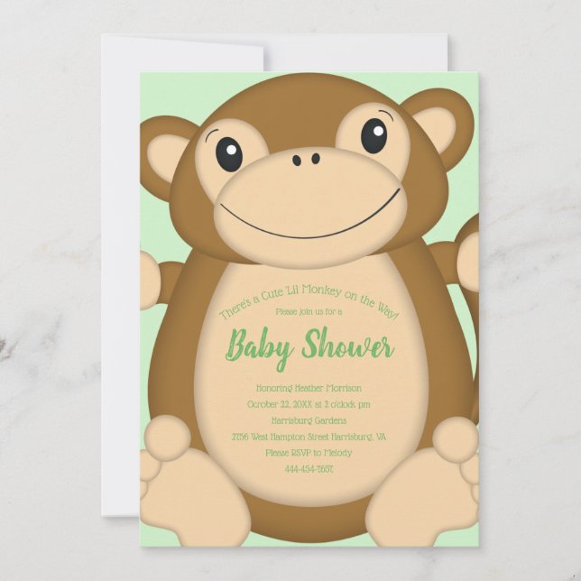 Monkey Baby Shower Green Invitation (Front)