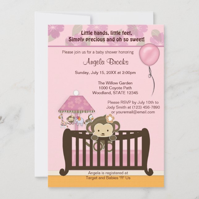 Monkey Baby Shower Invitation CJ PINK (Front)