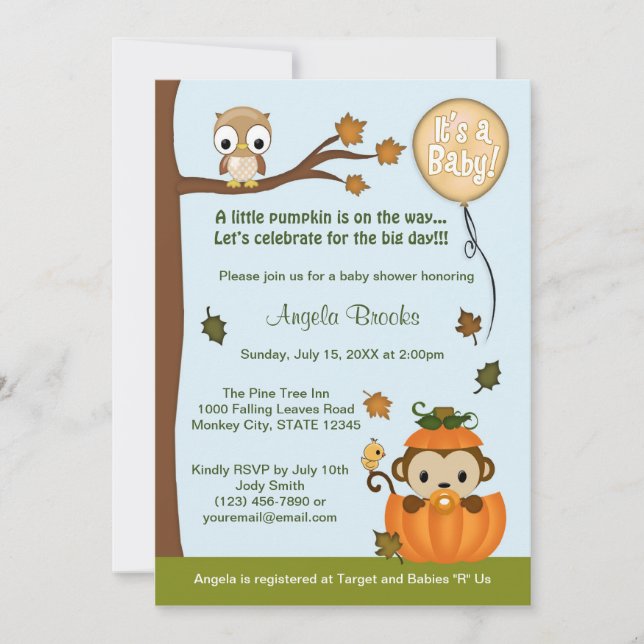 MONKEY Baby Shower Invitation Fall Pumpkin NEUTRAL (Front)