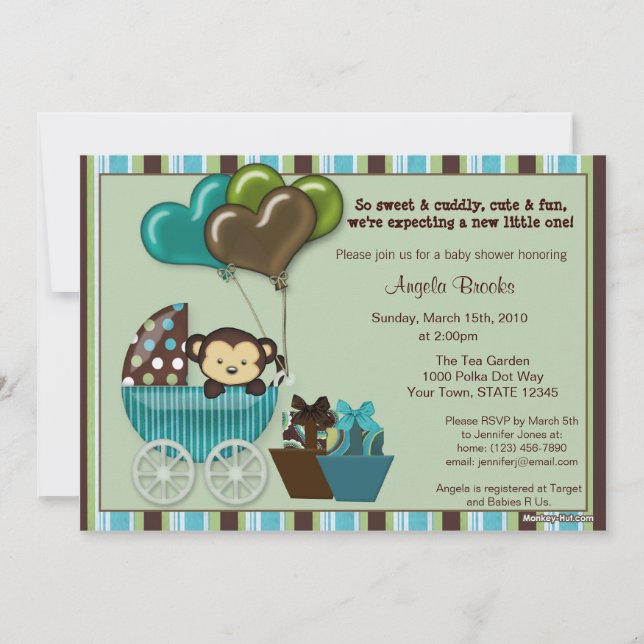 Monkey Baby Shower Invitation TEAL (Front)