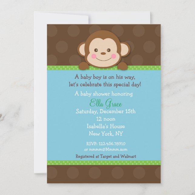 Monkey Baby Shower Invitations Boy (Front)