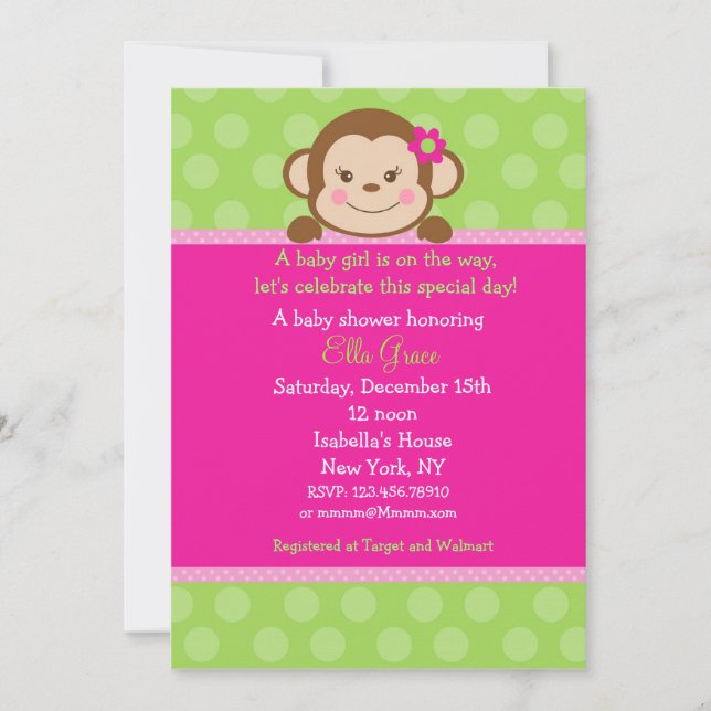 Monkey Baby Shower Invitations Girl (Front)