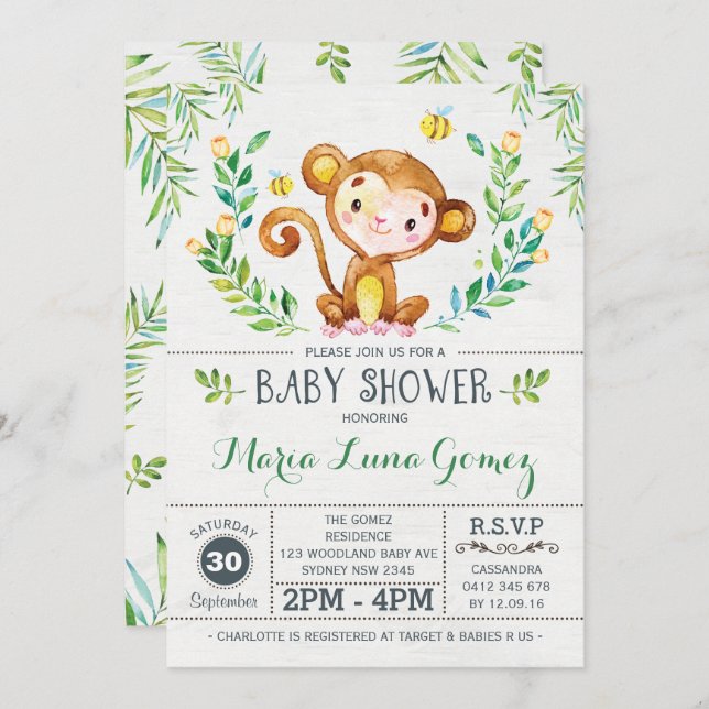 Monkey Baby Shower Jungle Baby Boy Invitation (Front/Back)