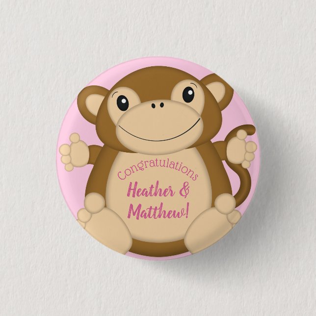 Monkey Baby Shower Pink 3 Cm Round Badge (Front)