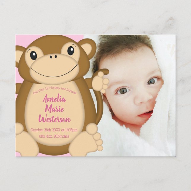 Monkey Baby Shower Pink Postcard (Front)