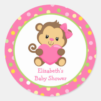 Monkey Baby Shower Sticker, Pink and Green Classic Round Sticker
