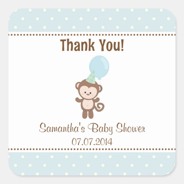 Monkey Baby Shower Thank You Stickers (Blue) (Front)