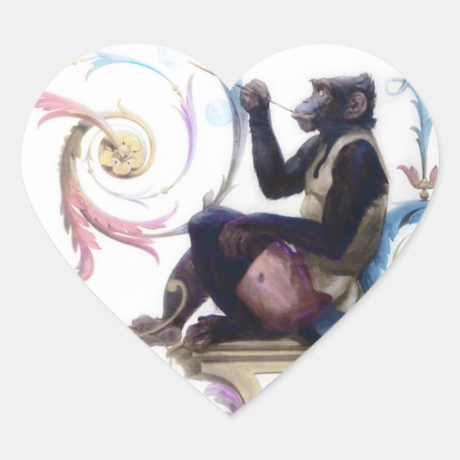 Monkey Blowing Bubbles Heart Sticker (Front)