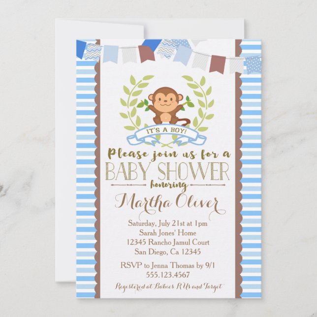 Monkey Boy Baby Shower Invitation (Front)