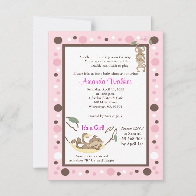 Monkey Business 4x5 Pink Dot Baby Shower Invite (Front)