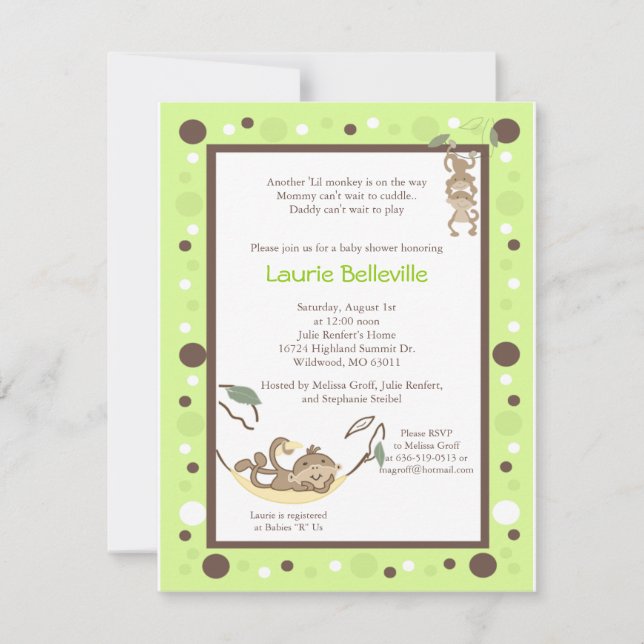 Monkey Business Green Brown Dot Baby Shower Invitation (Front)