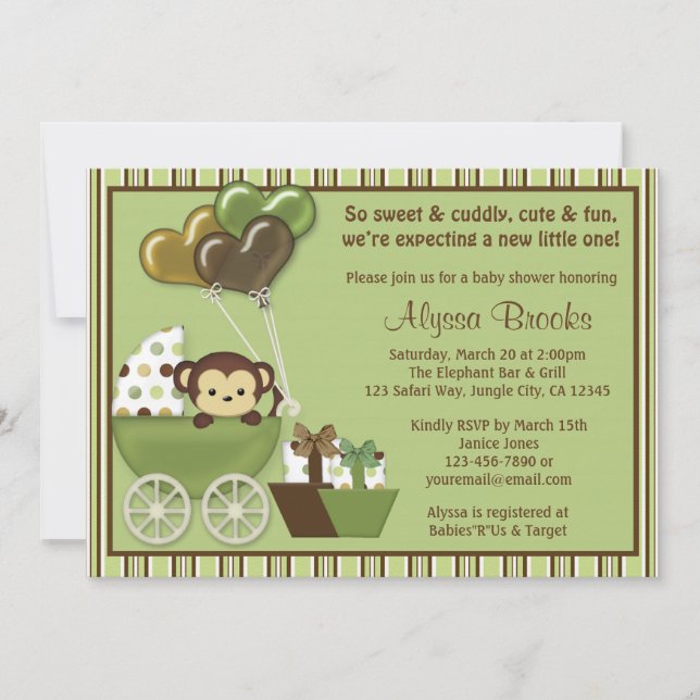 Monkey Carriage v1 Green Baby Shower Invitations (Front)
