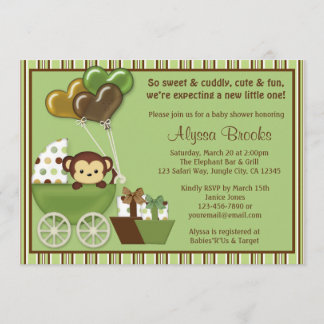 Monkey Carriage v1 Green Baby Shower Invitations