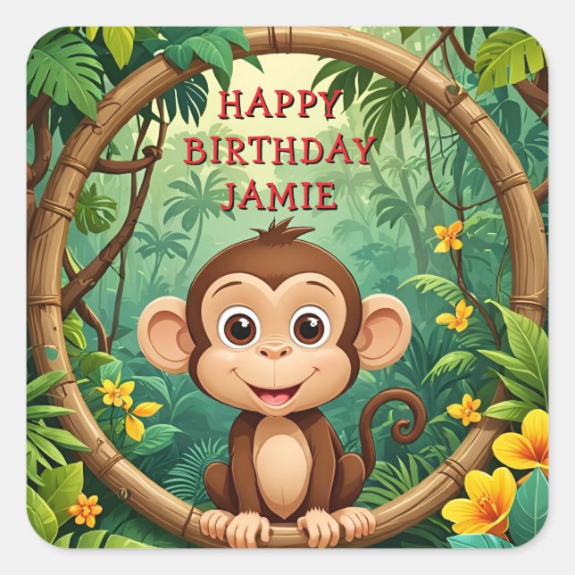 "Monkey Cartoon Party – Custom Text Kids" Square Sticker (Front)