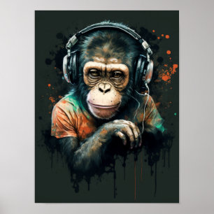 Monkey Chimp DJ with headphones , music lover. Poster