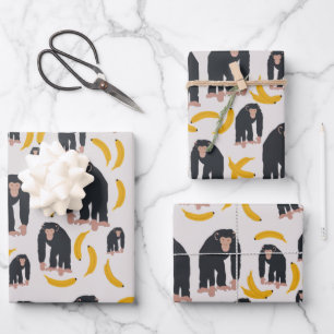 Monkey Chimpanzee & Banana Pattern Wrapping Paper Sheet