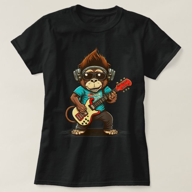 Monkey Chimpanzee Playing Acousitc Rock Guitar T-Shirt (Design Front)