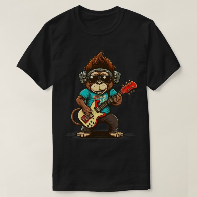 Monkey Chimpanzee Playing Acousitc Rock Guitar T-Shirt (Design Front)
