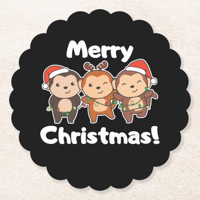 Monkey Christmas Animals Monkeys Merry Christmas Paper Coaster (Front)