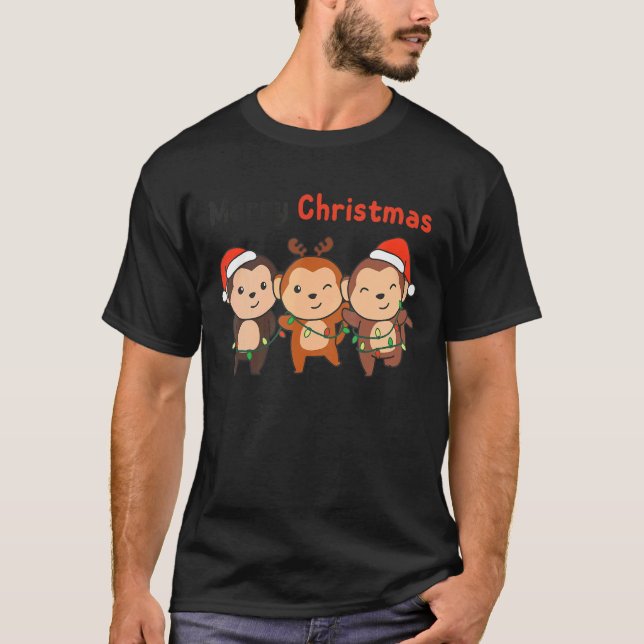 Monkey Christmas Christmas Tree Animals Cute Monke T-Shirt (Front)
