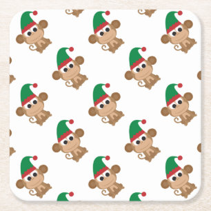Monkey Christmas Elf Square Paper Coaster