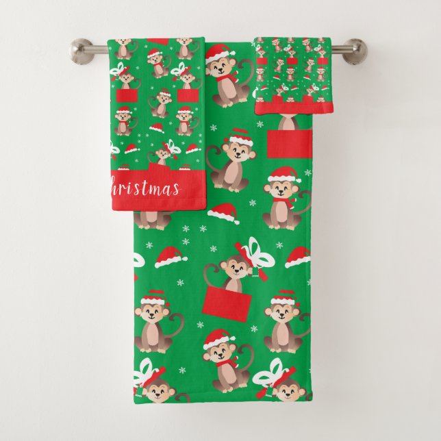 Monkey Christmas Pattern Santa Hat Red Green Bath Towel Set (Insitu)