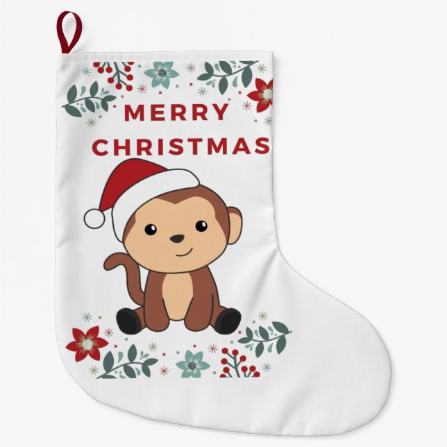 Monkey Christmas Snow Winter Animals Monkeys Large Large Christmas Stocking (Front)