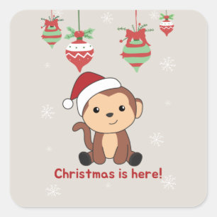 Monkey Christmas Snow Winter Animals Monkeys Squar Square Sticker
