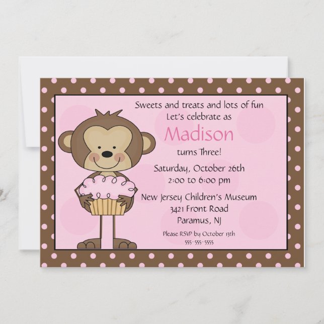 Monkey Cupcake Birthday Invitation (Front)