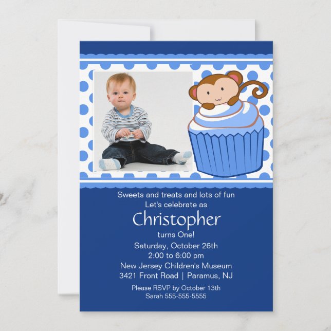 Monkey Cupcake Photo Birthday Invitation (Front)