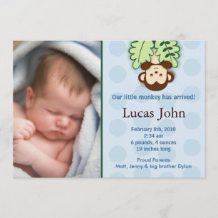 Monkey Custom Photo Birth Announcements